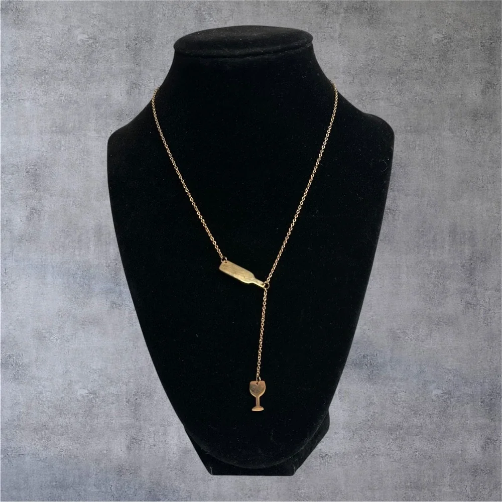 Wine Bottle & Glass Lariat Necklace Womens Gold Tone Novelty‎ Fun